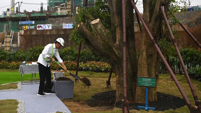 Presiden Joko Widodo berdiri dengan latar belakang pembangunan Istana Negara, Ibu Kota Nusantara (IKN), Penajam Paser Utara, Kalimantan Timur, Jumat (22/9/2023). ANTARA FOTO/Sigid Kurniawan/foc.