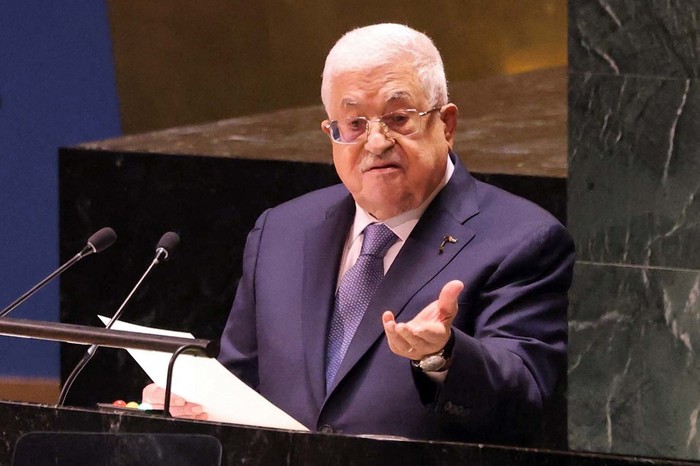 This handout picture provided by the Palestinian Authoritys press office (PPO) shows Palestinian president Mahmoud Abbas addressing the 78th United Nations General Assembly at UN headquarters in New York City on September 21, 2023. (Photo by Thaer GHANAIM / PPO / AFP) /