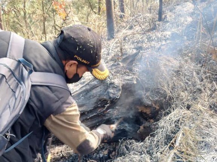 Proses pemadaman kebakaran lahan di kawasan bukit Mongkrang, Desa Gondosuli, Kecamatan Tawangmangu, Karanganyar, Sabtu (23/9/2023).