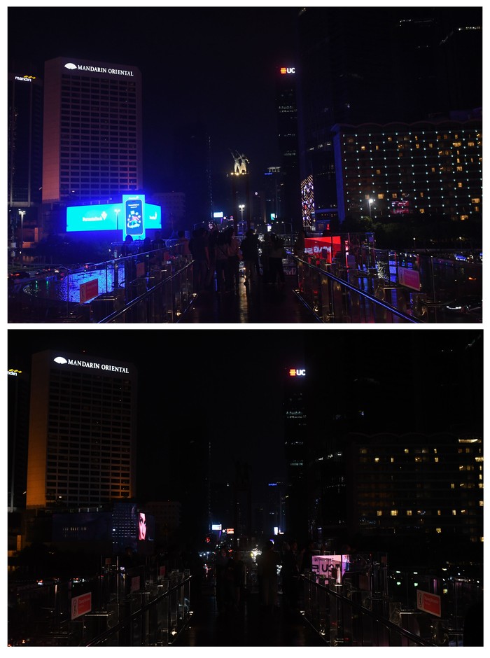 Lihat Lagi Gelap Gulita Jakarta di Hari Ozon Sedunia Foto kolase suasana kawasan Bundaran Hotel Indonesia (HI) saat sebelum (atas) dan sesudah (bawah) pemadaman lampu dalam memperingati Hari Ozon Sedunia di Jakarta, Sabtu (23/9/2023). Pemerintah Provinsi DKI Jakarta melakukan pemadaman di sejumlah jalan protokol dan gedung perkantoran untuk ambil bagian pada penghematan energi dan penggurangan emisi karbon dalam peringatan Hari Ozon Sedunia.ANTARA FOTO/Aditya Pradana Putra/aww