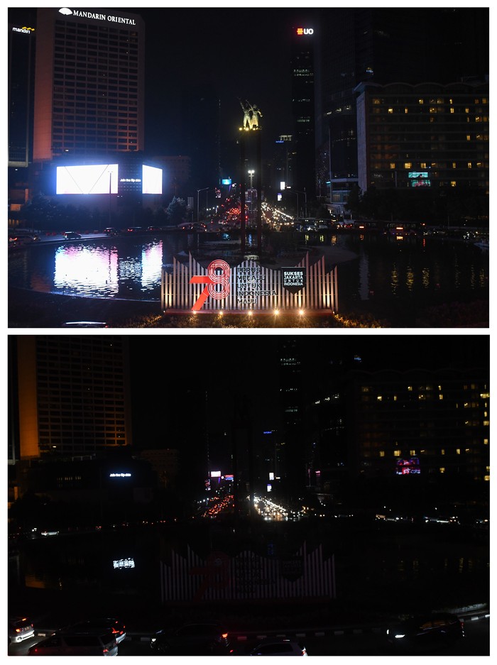 Foto kolase suasana kawasan Bundaran Hotel Indonesia (HI) saat sebelum (atas) dan sesudah (bawah) pemadaman lampu dalam memperingati Hari Ozon Sedunia di Jakarta, Sabtu (23/9/2023). Pemerintah Provinsi DKI Jakarta melakukan pemadaman di sejumlah jalan protokol dan gedung perkantoran untuk ambil bagian pada penghematan energi dan penggurangan emisi karbon dalam peringatan Hari Ozon Sedunia.ANTARA FOTO/Aditya Pradana Putra/aww