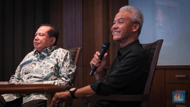 Bakal Calon Presiden (Bacapres), Ganjar Pranowo berkunjung ke Gedung Trans Media Tendean, Jakarta, Senin (25/9/2023). (CNBC Indonesia/Faisal Rahman)