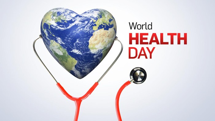 World Health Day concept. Heart and stethoscope design for health day. Global health care and Coronavirus  concept. World Day for Safety and Health at Work. elements of this image furnished by NASA (https://earthobservatory.nasa.gov/blogs/elegantfigures/2011/10/06/crafting-the-blue-marble/)