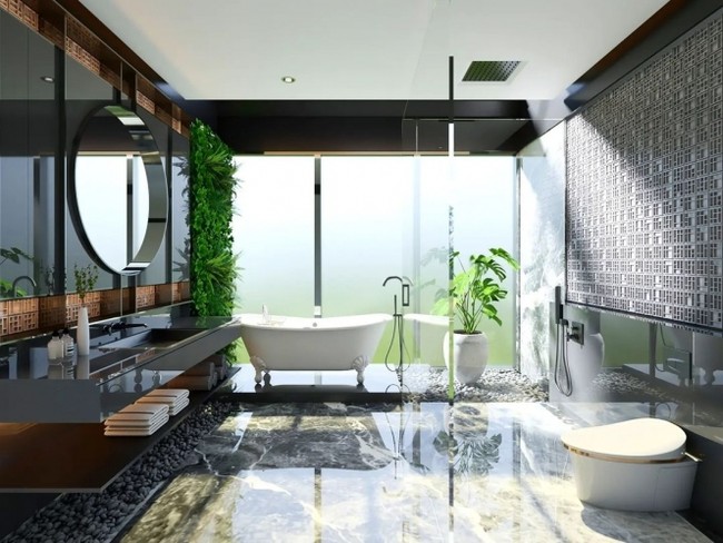 Marmer serba hitam dan hiasan batu yang cantik membuat kamar mandi Rachel Vennya semakin mewah. Ada juga kaca besar yang membuat kamar mandi semakin terlihat luas. Foto: Instagram @rachelvennya