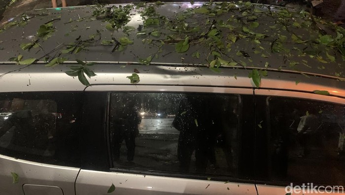 Mobil yang tertimpa pohon tumbang di Jalan Iskandar Muda Medan. (Kartika Sari/detikSumut)