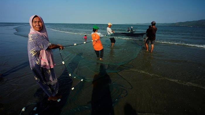 Sejumlah warga mengumpulkan ikan hasil menjaring di Pantai Batu Gong di Kecamatan Batu Sampara, Konawe, Sulawesi Tenggara, Minggu (24/9/2023). Warga di wilayah tersebut menjaring ikan saat air laut pasang dan hasil tangkapannya tidak jual melainkan dibagikan ke warga secara gratis. ANTARA FOTO/Jojon/nz.