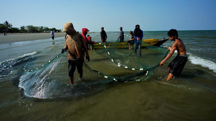 Sejumlah warga mengumpulkan ikan hasil menjaring di Pantai Batu Gong di Kecamatan Batu Sampara, Konawe, Sulawesi Tenggara, Minggu (24/9/2023). Warga di wilayah tersebut menjaring ikan saat air laut pasang dan hasil tangkapannya tidak jual melainkan dibagikan ke warga secara gratis. ANTARA FOTO/Jojon/nz.