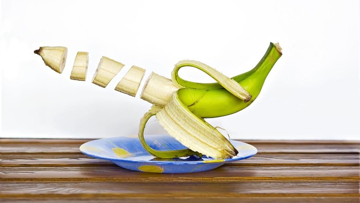 Pieces of banana floating in the air