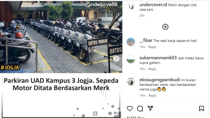 Viral parkiran UAD Kampus 3 Jogja ditata berdasarkan merek, Sabtu (23/9/2023).