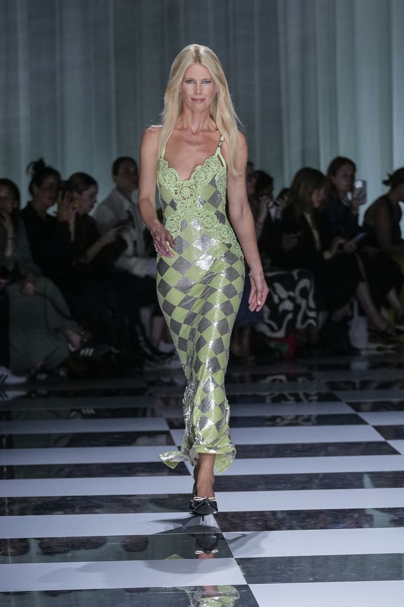 Claudia Schiffer Fashion Show Versace Spring Summer 2024 Claudia Schiffer wears a creation as part of the Versace women's Spring Summer 2024 collection presented in Milan, Italy, Friday, Sept. 22, 2023. (AP Photo/Antonio Calanni)