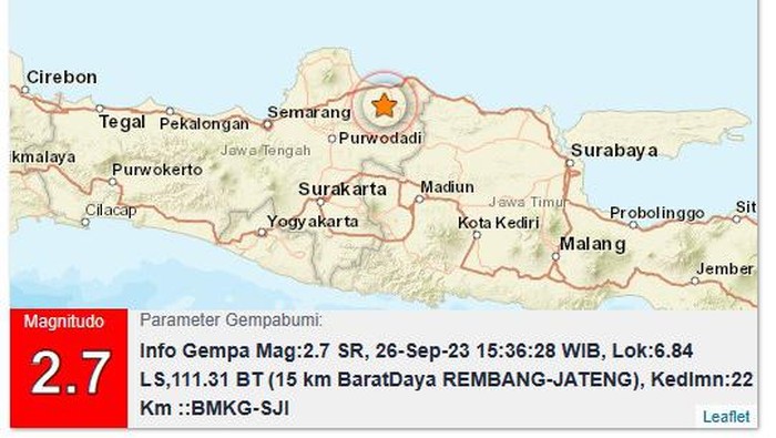 Gempa bumi darat magnitudo 2,7 di Rembang, Selasa (26/9/2023).