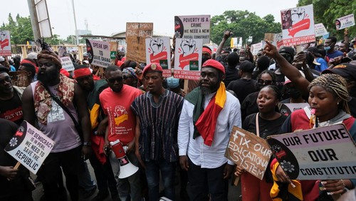 Oliver Barker-Vormawor, a political activist, addresses demonstrators during a third day of anti-government protests amid police arrests and obstruction in Accra, Ghana, September 23, 2023. REUTERS/Francis Kokoroko