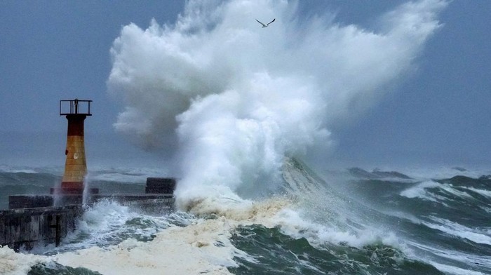A storm swell breaks over Kalk Bay harbour during severe weather in Cape Town, South Africa September 25, 2023. REUTERS/Nic Bothma     TPX IMAGES OF THE DAY