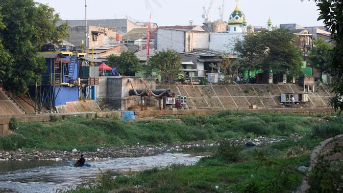 Warga menjala ikan di Kali Ciliwung yang mengalami pendangkalan di kawasan Gudang Peluru, Jakarta Timur, Senin (25/9/2023). Pendangkalan terjadi akibat sedimentasi lumpur bercampur sampah serta debit air yang menyusut saat musim kemarau. ANTARA FOTO/Indrianto Eko Suwarso/aww.