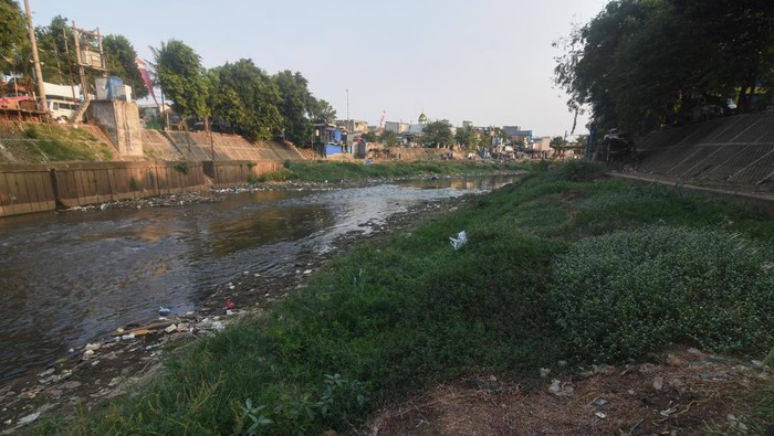 Warga menjala ikan di Kali Ciliwung yang mengalami pendangkalan di kawasan Gudang Peluru, Jakarta Timur, Senin (25/9/2023). Pendangkalan terjadi akibat sedimentasi lumpur bercampur sampah serta debit air yang menyusut saat musim kemarau. ANTARA FOTO/Indrianto Eko Suwarso/aww.