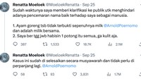 Chef Renatta kemudian memberikan klarifikasi. Ia bilang ayam goreng itu tak sepenuhnya milik chef Arnold. Saya bertanggungjawab menghabiskan 1 potong itu semua, nggak kulit aja, tulisnya. Foto: Instagram/Twitter arnoldpo/renattamoeloek