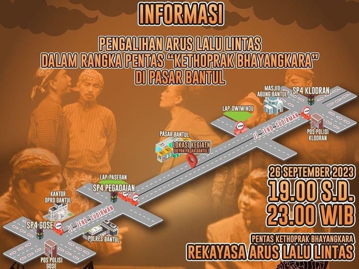 Rekayasa lalu lintas di Jalan Jenderal Sudirman Bantul dalam rangka Ketoprak Bhayangkara di Pasar Bantul, Selasa (26/9/2023) malam.