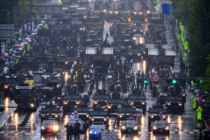 Military vehicles take part in a parade to celebrate South Koreas 75th Armed Forces Day in Seoul on September 26, 2023. South Korea staged its first military parade in a decade on September 26, showcasing its advanced arsenal in the face of plummeting ties with nuclear-armed North Korea. (Photo by Anthony WALLACE / AFP)