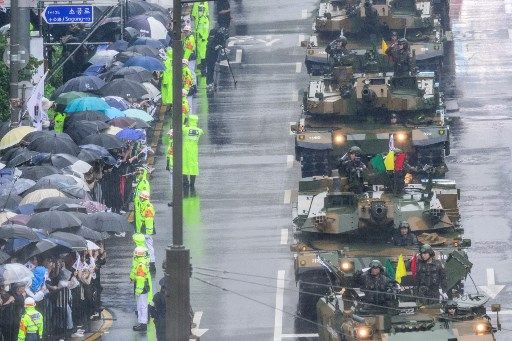 Military vehicles take part in a parade to celebrate South Koreas 75th Armed Forces Day in Seoul on September 26, 2023. South Korea staged its first military parade in a decade on September 26, showcasing its advanced arsenal in the face of plummeting ties with nuclear-armed North Korea. (Photo by Anthony WALLACE / AFP)