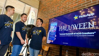 Andree Wijaya, Marcell Tee, dan Yoshi Gondokusumo selaku Founder HaluApp memaparkan acara HaluWeen di Jakarta, Rabu (27/9/2023). Event ini bakal digelar di H Superclub di kawasan pusat bisnis SCBD Jakarta pada Oktober 2023.
