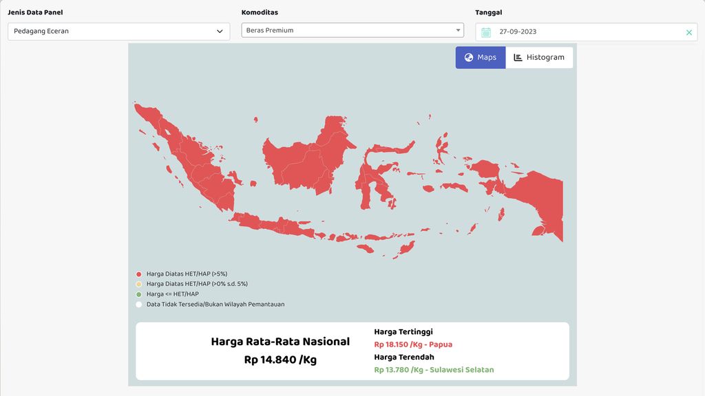 Harga Rata-Rata Beras Premium di Provinsi. (Dok. panelharga.badanpangan)