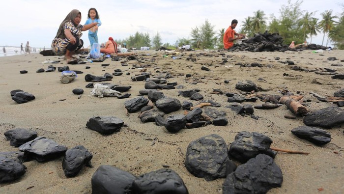Sejumlah warga memungut dan mengumpulkan limbah batu bara yang mencemari kawasan pesisir pantai Desa Peunaga Rayeuk di Meureubo, Aceh Barat, Aceh, Rabu (27/9/2023). Setiap warga mampu mengumpulkan limbah batu bara sebanyak 20 sampai 35 karung dengan jasa dan upah yang diberikan oleh salah satu perusahaan eksploitasi batu bara sebesar Rp25.000 per karung ukuran 50 kilogram. ANTARA FOTO/Syifa Yulinnas/rwa.