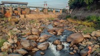Debit air Sungai Ciliwung mengalami penurunan drastis akibat musim kemarau.  