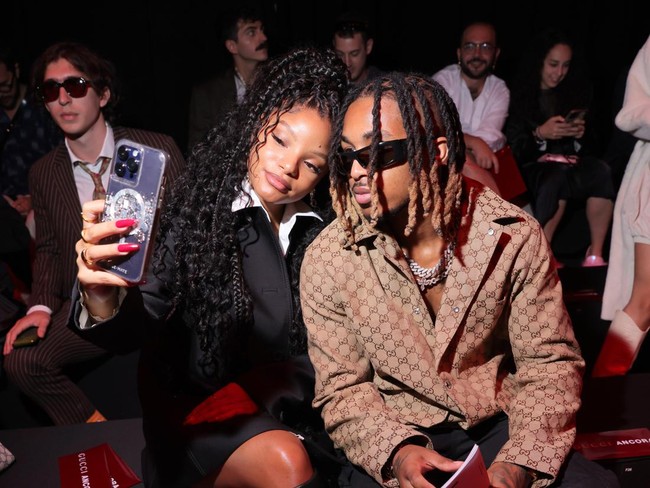 MILAN, ITALY - SEPTEMBER 22: Halle Bailey and DDG are seen at Gucci Ancora during Milan Fasion week on September 22, 2023 in Milan, Italy. (Photo by Victor Boyko/Getty Images for Gucci)