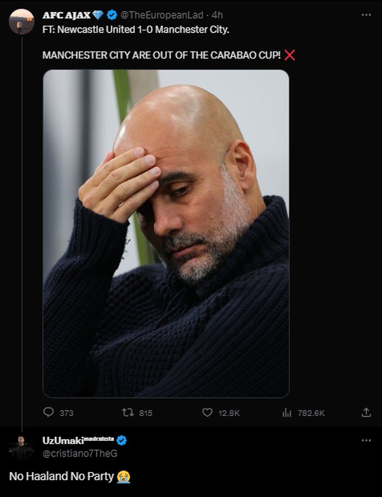 Meme Man City Kalah dari Newcastle: No Haaland No Party Manchester City baru saja dikalahkan oleh Newcastle di Carabao Cup dengan skor akhir 0-1. Fans kedua klub pun saling sindir di Twitter.