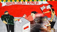 Mural bertema Pemilu 2024 mejeng di Jl Perjuangan, Kebon Jeruk, Jakarta Barat, Kamis (28/9/2023).