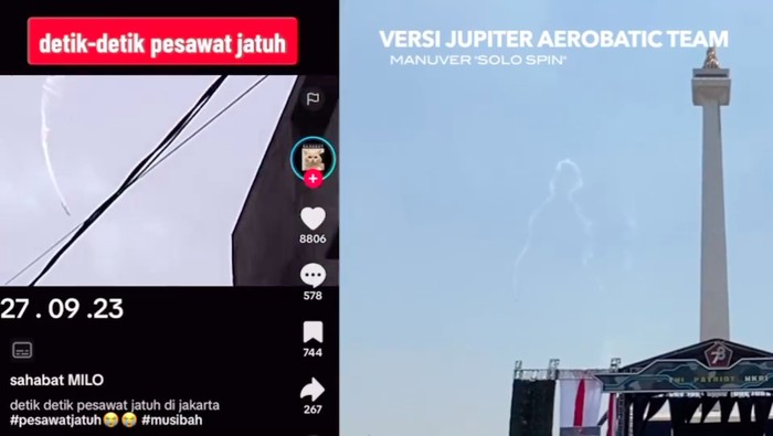 Warga Jakarta sempat dibuat kaget karena ada pesawat turun dari ketinggian serta seperti kehilangan kendali. Ternyata, pesawat itu sedang bermanuver Solo Spin. (IG @jupiteraerobaticteam)