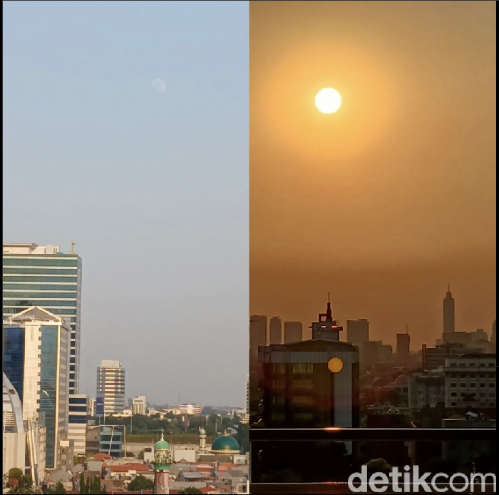 Bulan dan Matahari terlihat berlawanan arah di waktu yang sama. Foto diambil di kawasan Tendean Jaksel pada 27 September 2023 jam 17.00 WIB.