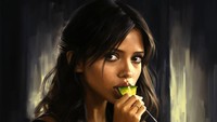 Selena Gomez terlihat sedikit berbeda dalam potret AI ini. Ia digambarkan sedang menikmati acar yang merupakan makanan favoritnya.