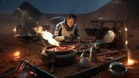 Potret AI ini menggambarkan bagaimana jadinya jika Elon Musk menikmati BBQ di mars. Terlihat ia menggunakan pakaian luar angkasa.