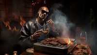 Snoop Dogg terlihat keren menggunakan jaket kulit. Ia sedang memasak steak wagyu.