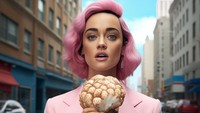 Katy Perry dikabarkan sebagai penggemar jamur. Dalam potret AI ini, ia yang mengenakan blazer pink terlihat sedang memegang jamur favoritnya.