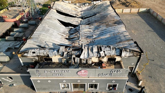 A general view of the damaged building following a fatal fire at a wedding celebration, in the district of Hamdaniya in Iraq's Nineveh province, Iraq, September 28, 2023. REUTERS/Abdullah Rashid