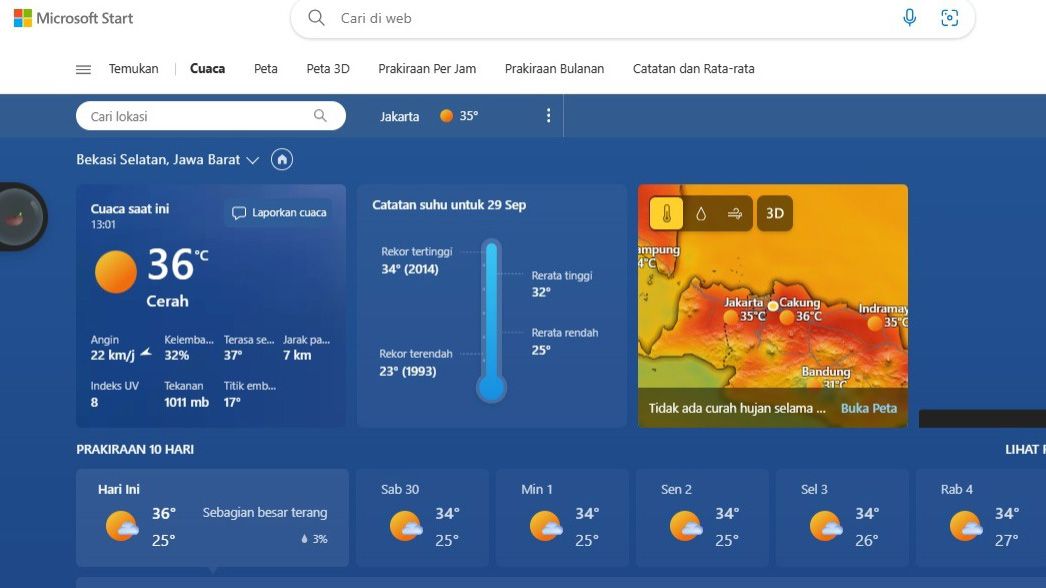 Suhu udara wilayah Bekasi menunjukan hingga mencapai 36 derajat celsius. (Tangkapan Layar Microsoft Start)
