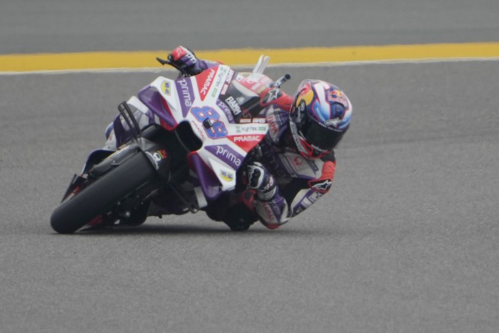 Prima Pramac Racing (Ducati) team Spanish rider Jorge Martín competes at the qualifying rounds during Moto GP Bharat in Greater Noida, on the outskirts of New Delhi, India Saturday, Sept. 23, 2023. (AP Photo/Manish Swarup)