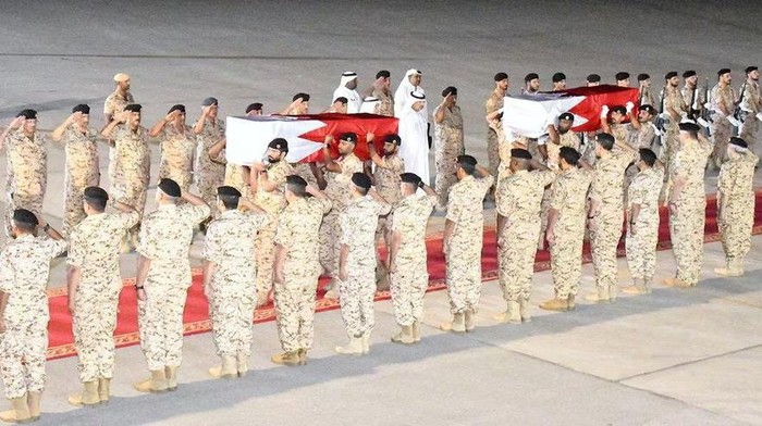A screen grab from a video shows the arrival of the bodies of two Bahrain Defence Force officers, who were killed in a Houthi drone attack against forces of the Saudi-led coalition in Saudi Arabia near the border with Yemen, at Bahrain Royal Air Force Base in Jaw, Bahrain, September 26, 2023. Bahrain News Agency/Handout via Reuters/File Photo/Acquire Licensing Rights