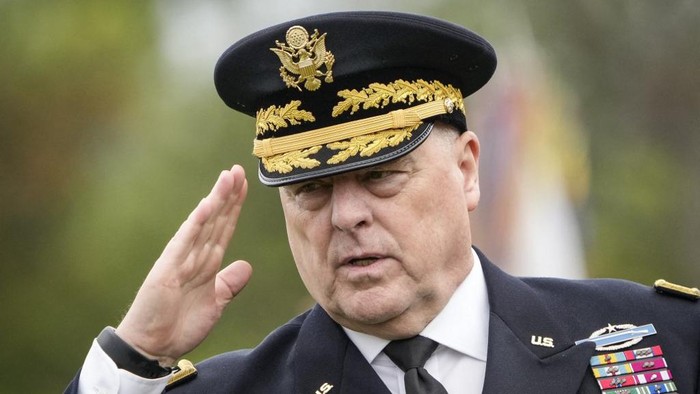 ARLINGTON, VIRGINIA - SEPTEMBER 29: Outgoing Chairman of the Joint Chiefs of Staff General Mark Milley inspects the troops during an Armed Forces Farewell Tribute in his honor at Summerall Field at Joint Base Myer-Henderson Hall September 29, 2023 in Arlington, Virginia. Incoming Chairman of the Joint Chiefs of Staff General Charles Q. Brown Jr. will be the 21st person to hold the position.   Drew Angerer/Getty Images/AFP (Photo by Drew Angerer / GETTY IMAGES NORTH AMERICA / Getty Images via AFP)