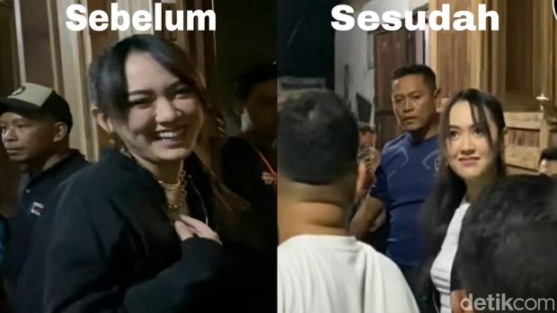 Perbedaan senyum Happy Asmara yang ganjil sebelum dan sesudah diduga kesurupan saat manggung di Pintulangit, Pasuruan.