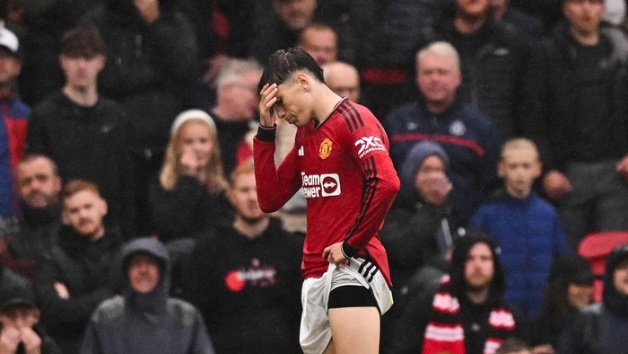 Manchester Uniteds Argentinian midfielder #17 Alejandro Garnacho reacts during the English Premier League football match between Manchester United and Crystal Palace at Old Trafford in Manchester, north west England, on September 30, 2023. (Photo by Oli SCARFF / AFP) / RESTRICTED TO EDITORIAL USE. No use with unauthorized audio, video, data, fixture lists, club/league logos or live services. Online in-match use limited to 120 images. An additional 40 images may be used in extra time. No video emulation. Social media in-match use limited to 120 images. An additional 40 images may be used in extra time. No use in betting publications, games or single club/league/player publications. /