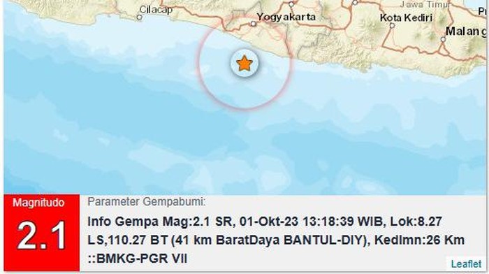 Gempa M 2,1 di perairan Bantul, Minggu (1/10/2023).