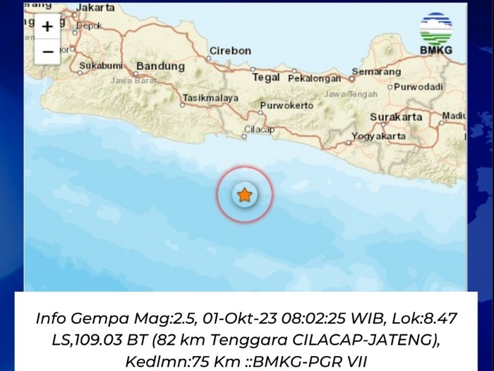Gempa M 2,5 guncang perairan Cilacap, Minggu (1/10/2023).