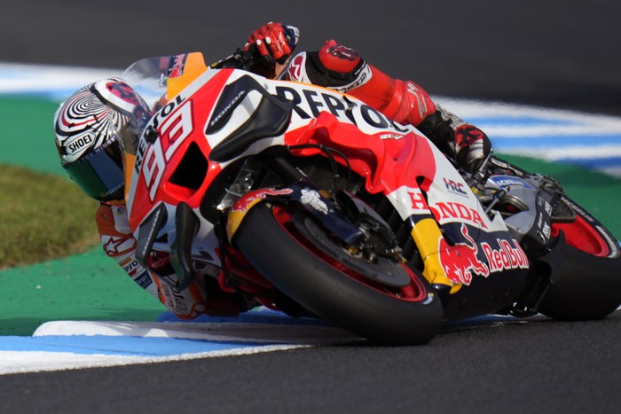 Spanish rider Marc Marquez steers his motorcycle during the MotoGP sprint race at Japanese Motorcycle Grand Prix at the Twin Ring Motegi circuit in Motegi, north of Tokyo Saturday Sept. 30, 2023.(AP Photo/Shuji Kajiyama)