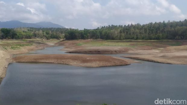 Kondisi Bendungan Palasari di Jembrana, Bali, yang mulai mengering.