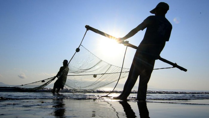 Nelayan menangkap ikan menggunakan jaring tarik pantai di Pulau Santen, Banyuwangi, Jawa Timur, Senin (2/10/2023). Jaring tarik merupakan salah satu dari 10 kelompok Alat Penangkap Ikan (API) yang diperbolehkan digunakan nelayan Indonesia berdasarkan Peraturan Menteri Kelautan dan Perikanan  yang bertujuan untuk melindungi nelayan kecil dan kelestarian lingkungan. ANTARA FOTO/Budi Candra Setya/rwa.