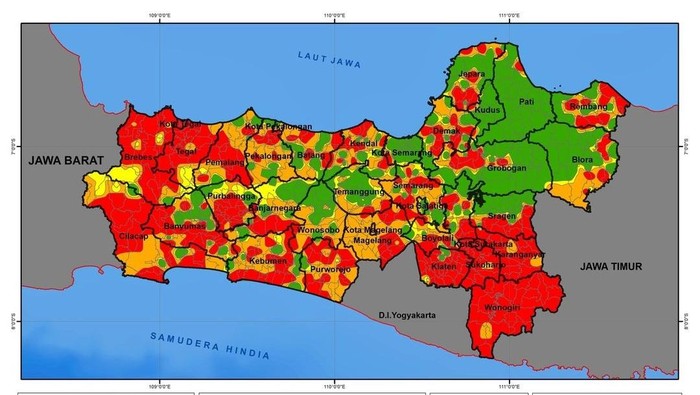 BMKG Stasiun Klimatologi Jawa Tengah mengeluarkan peta peringatan kekeringan untuk 10 hari pertama di bulan Oktober 2023.
