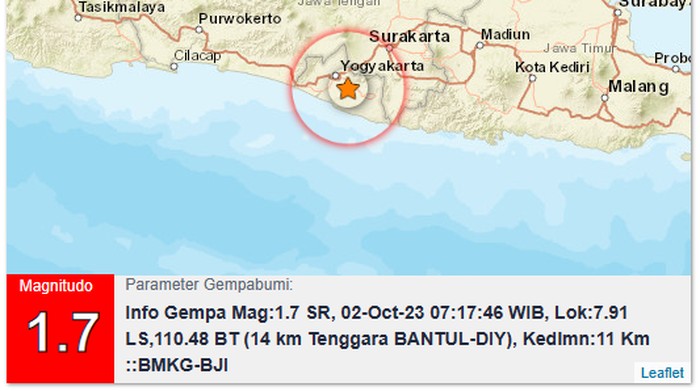 Gempa M 1,7 di Bantul, Senin (2/1/2023).